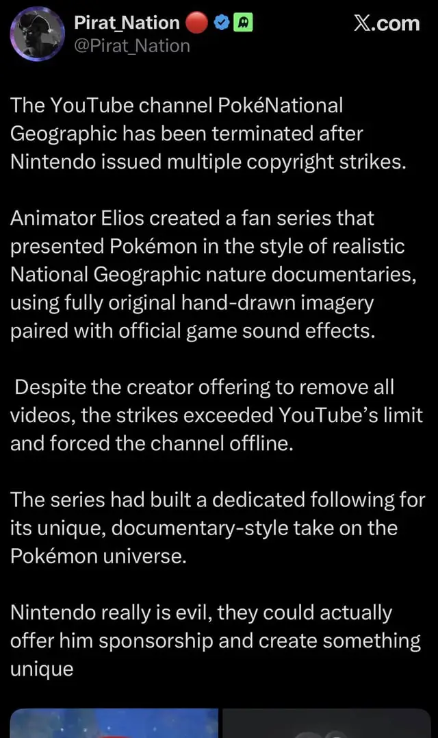 PokéNational Geographic YouTube channel shut down by Nintendo
